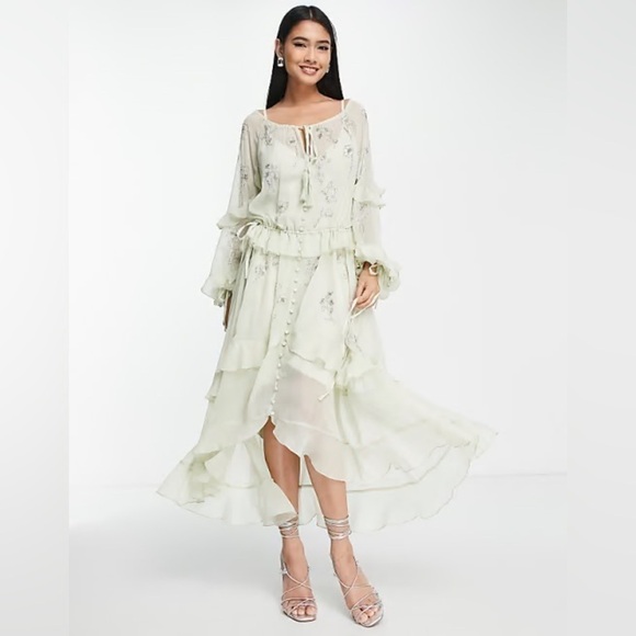 ASOS Dresses & Skirts - ASOS DESIGN RUFFLE MIDI DRESS WITH FLORAL EMBELLISHMENT DETAILS GREEN Size US 2